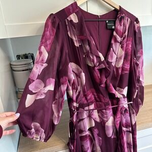 Maison Tara Maxi Dress Womens 14 Purple Floral Ruffle Wrap V-Neck Balloon Sleeve